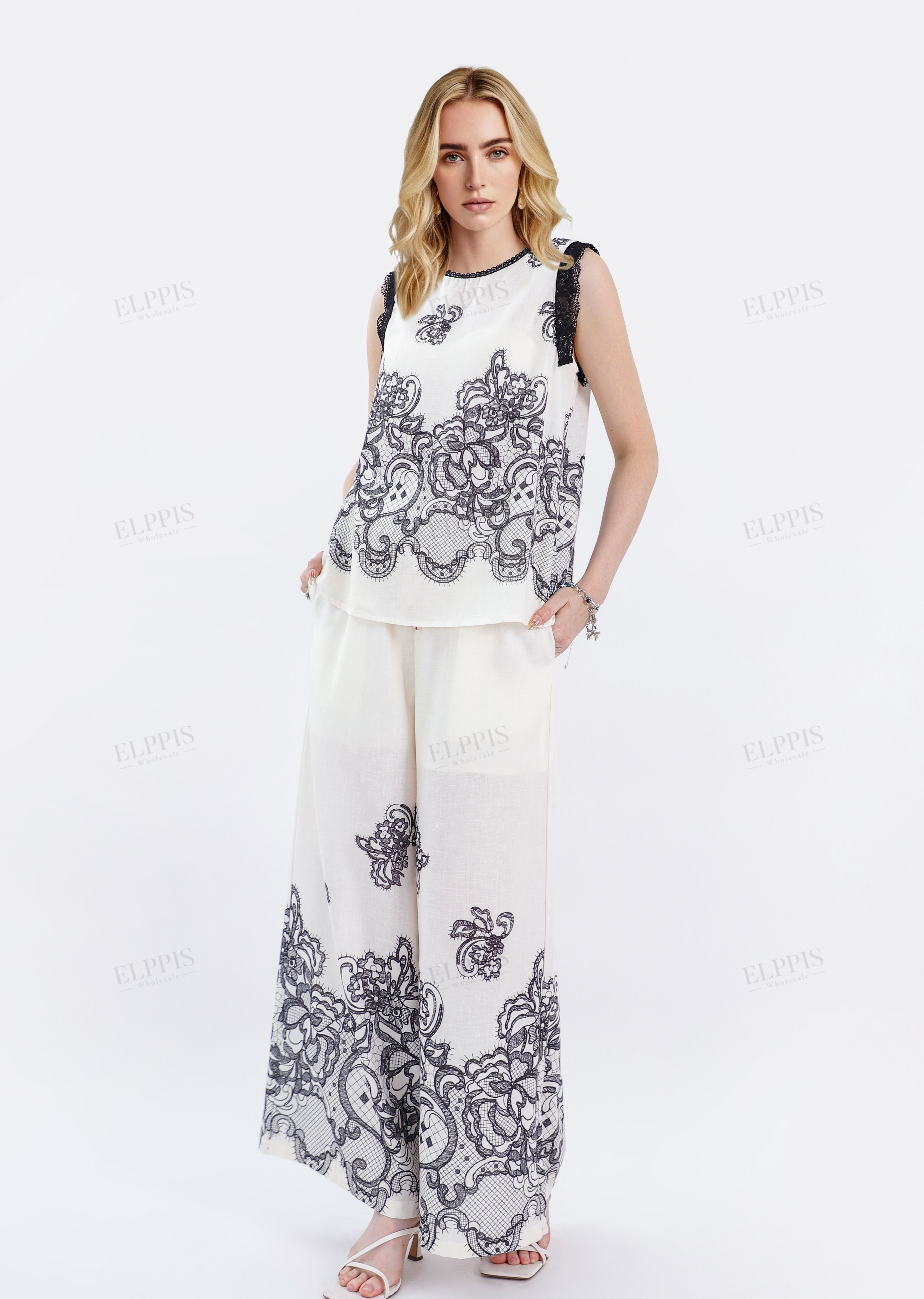 Ivory Wide-Leg Pants with Black Lace Embroidery