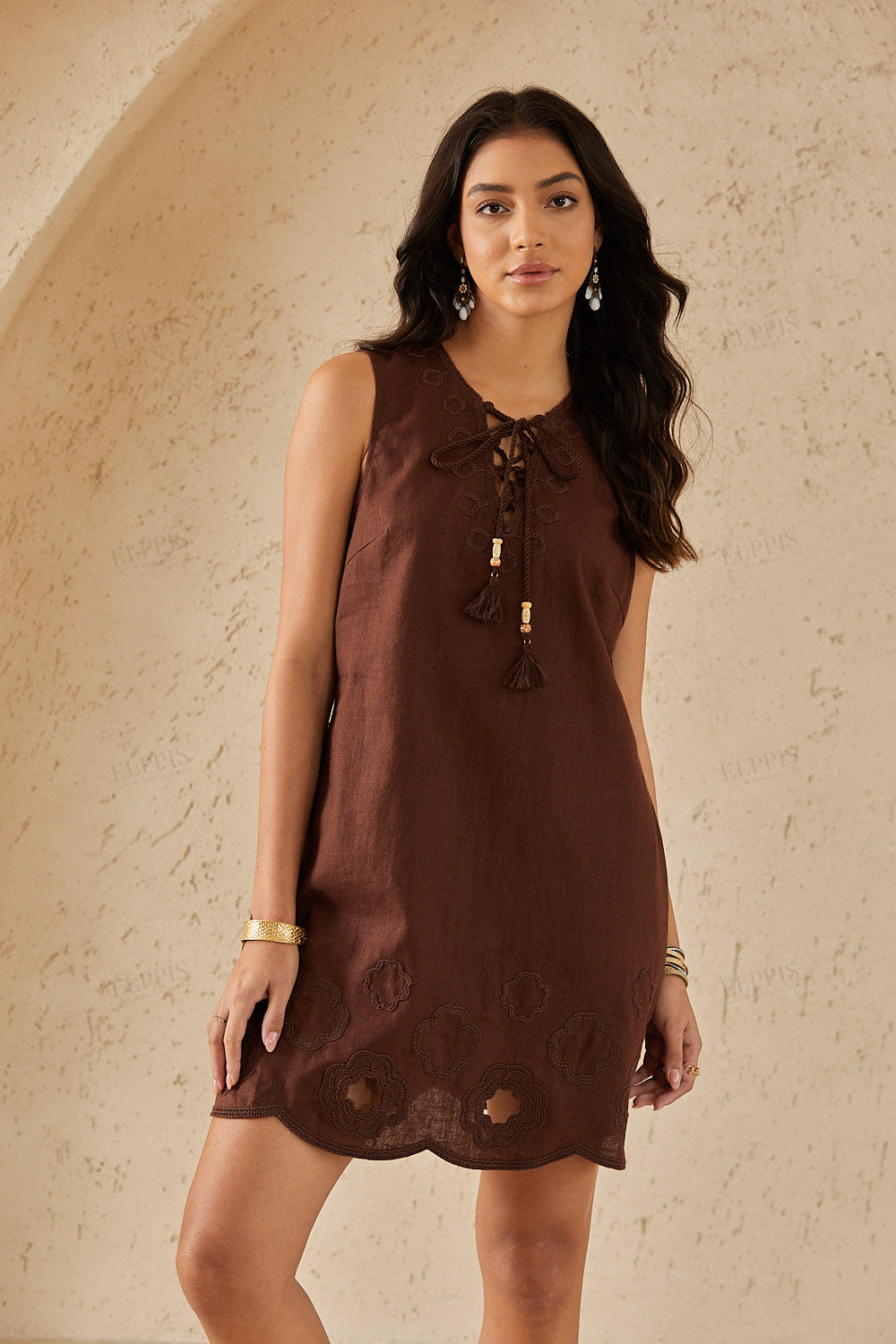 Cocoa Brown Sleeveless Tunic with Cutwork Embroidery & Tassel Tie