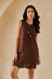 Cocoa Brown Sleeveless Tunic with Cutwork Embroidery & Tassel Tie