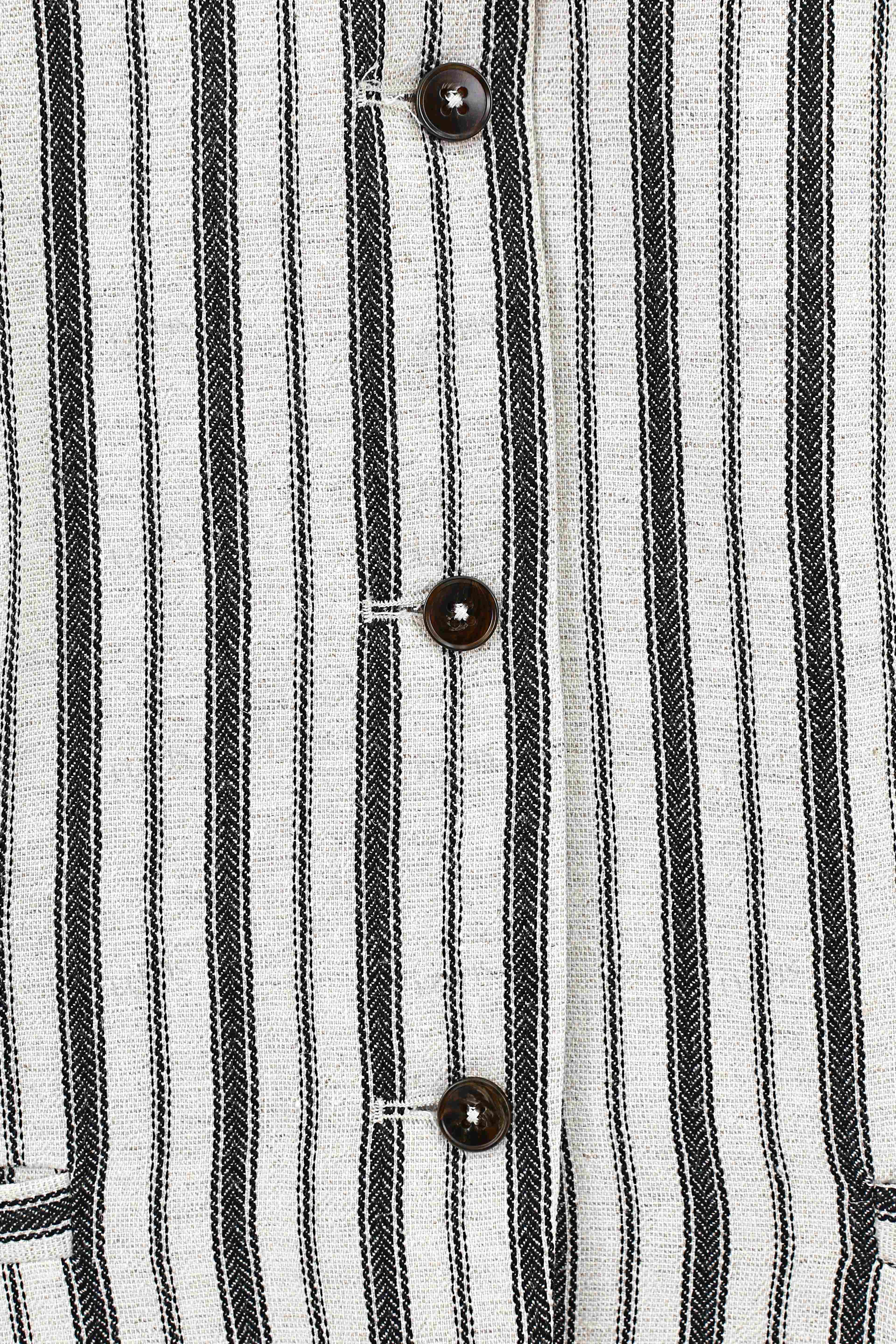 Beige Cotton-Linen Blend Stripe Sleeveless Vest