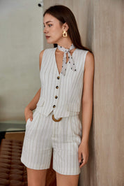 Beige Fine-Striped Linen-Blend Tailored Shorts