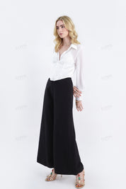 White Satin-Blend Bustier Blouse with Sheer Long Sleeves
