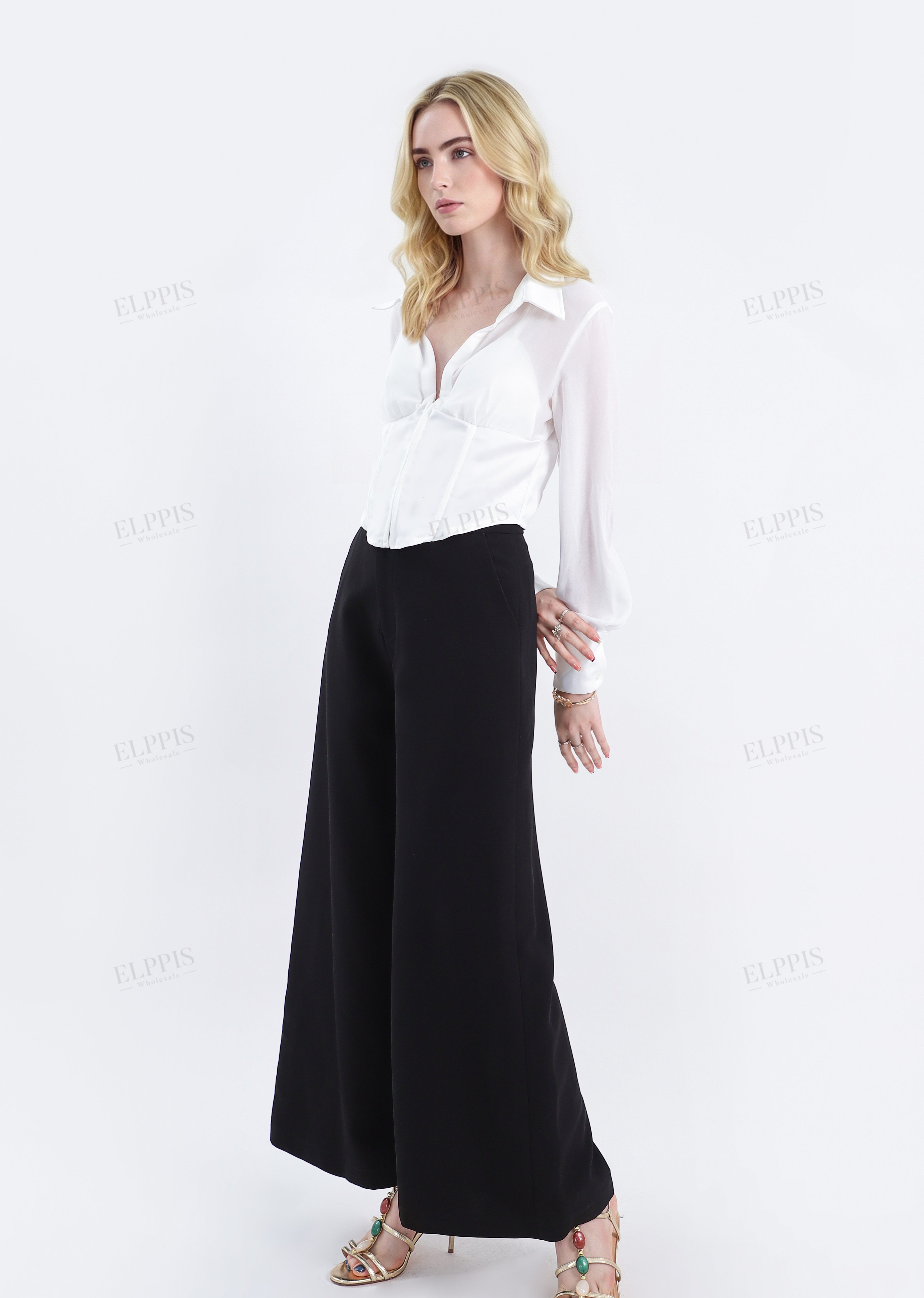 White Satin-Blend Bustier Blouse with Sheer Long Sleeves