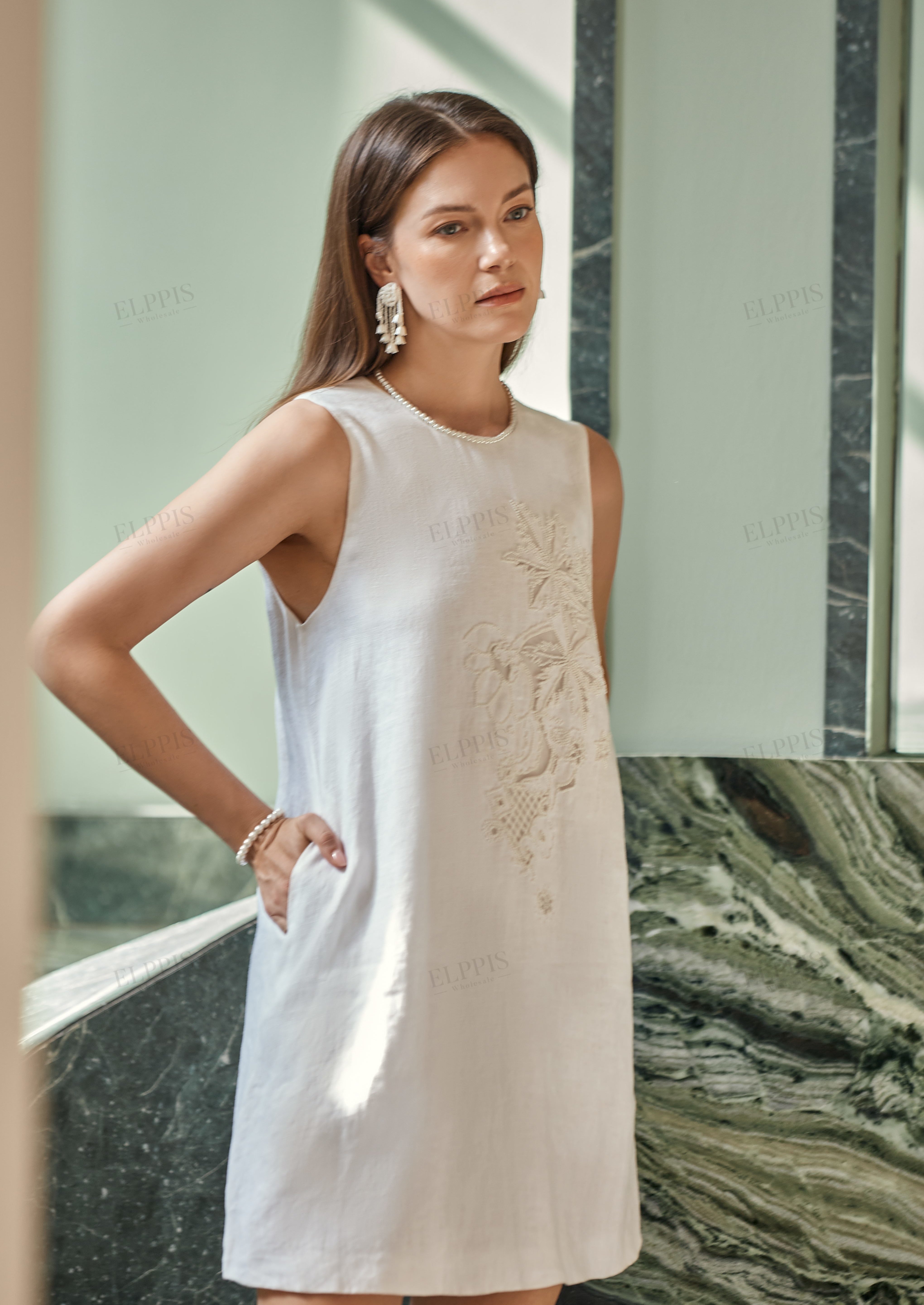 White Linen Sleeveless Beaded Embroidery Dress