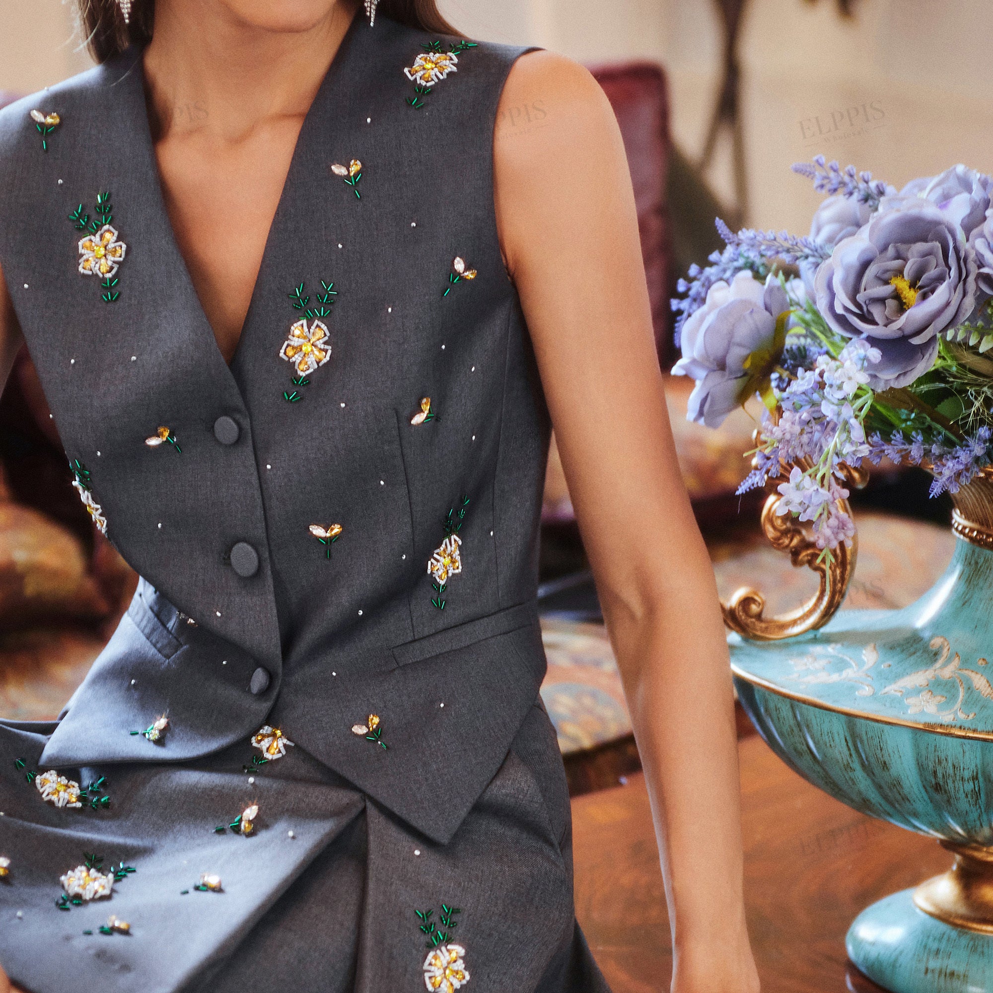 Handcrafted beaded gray vest