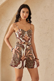 Ivory Multi-Tone Ornate Pattern High-Waist Shorts with Buckle Belt