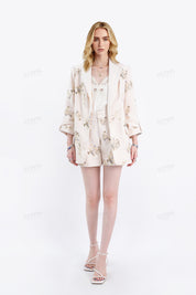 Cream Linen-Blend Sequin Floral Blazer