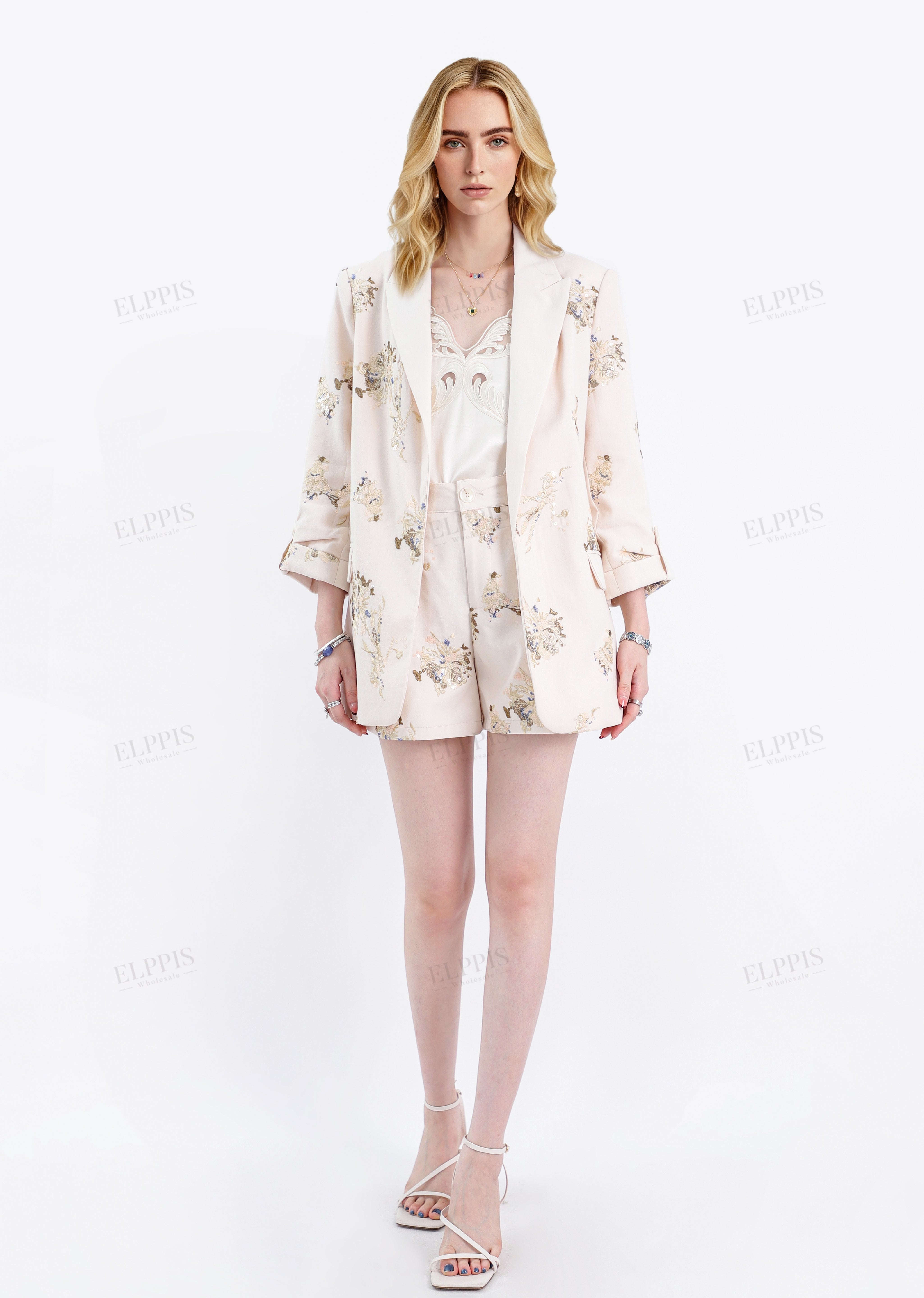 Cream Linen-Blend Sequin Floral Blazer