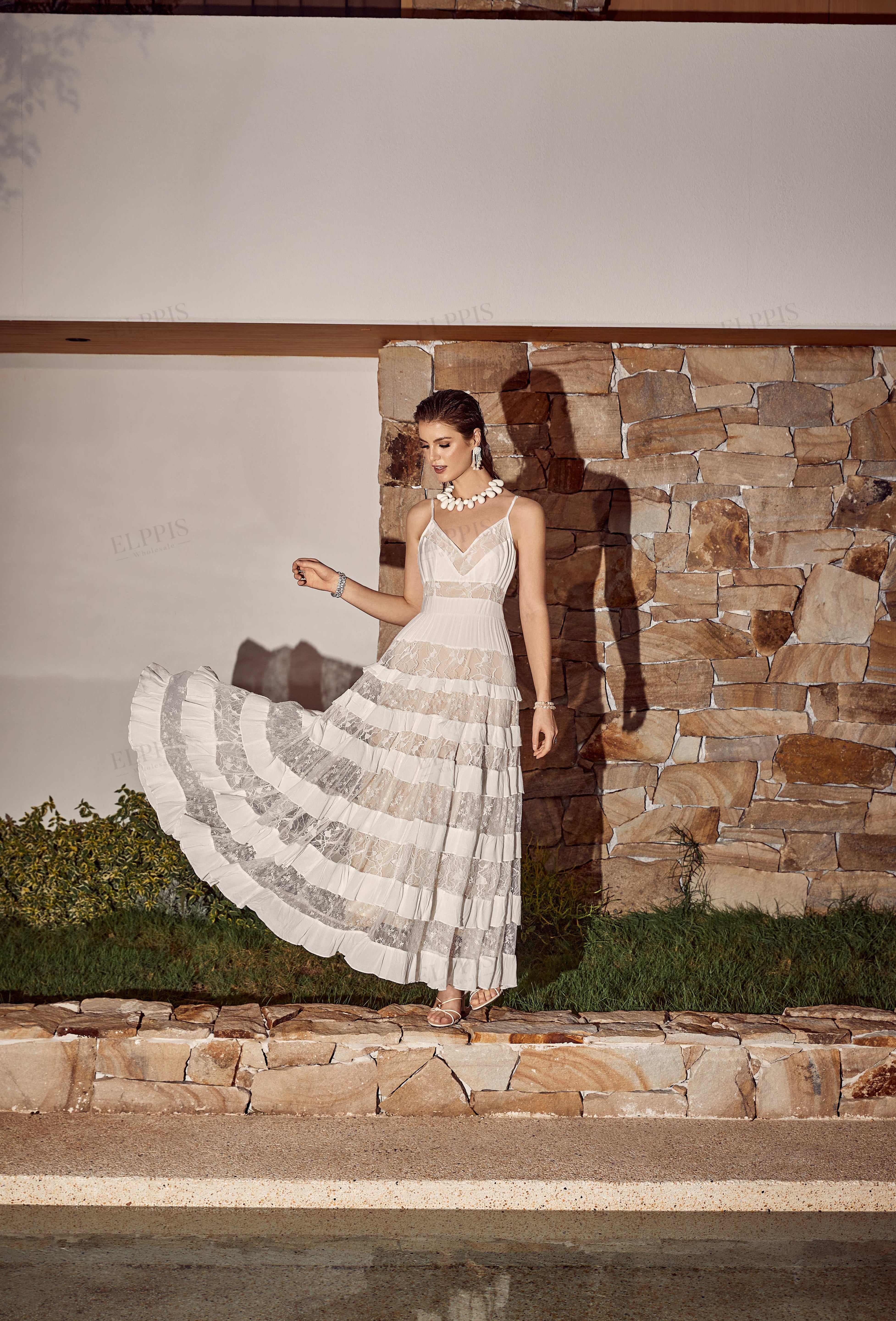 White Sheer Lace Tiered Cami Maxi Dress