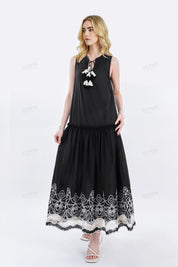 Black Sleeveless Midi Dress with White Lace Hem & Tassel Detail