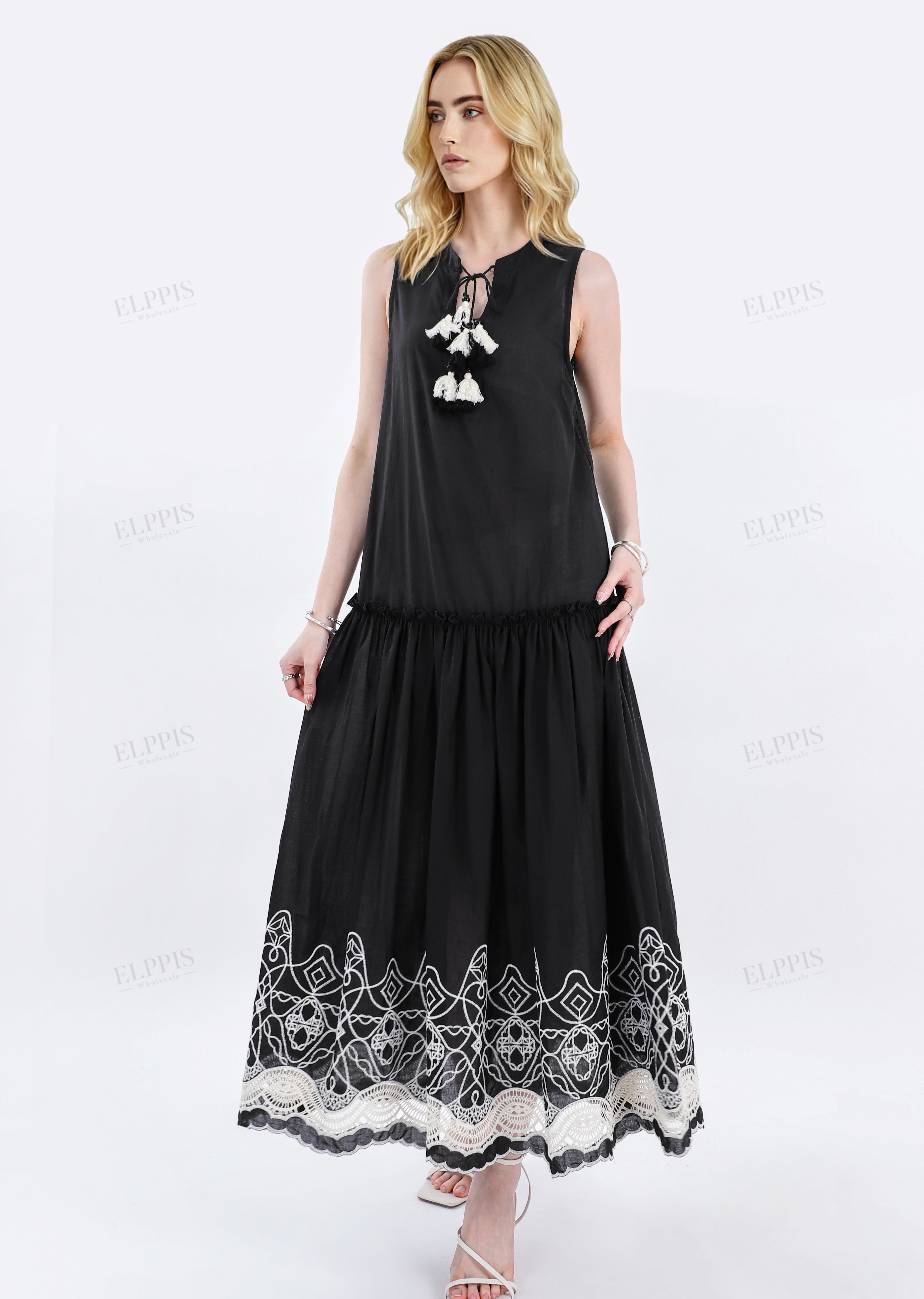 Black Sleeveless Midi Dress with White Lace Hem & Tassel Detail