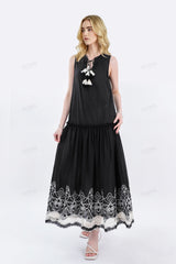 Black Sleeveless Midi Dress with White Lace Hem & Tassel Detail