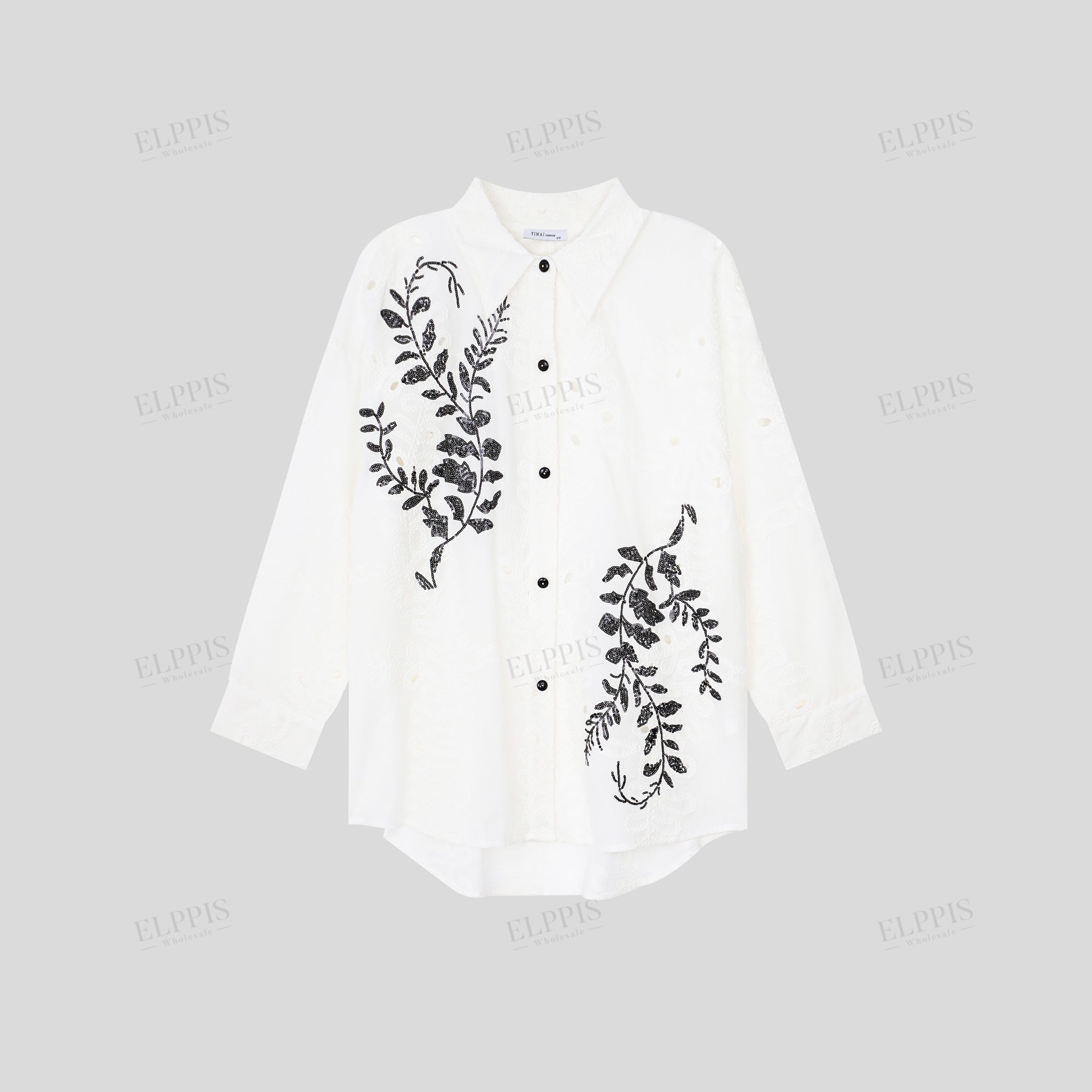 Cut-out cotton embroidered H-line long sleeve shirt