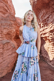 Light Lavender Watercolor Floral Sleeveless Twist-Waist Ruffled Midi Dress