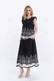 Black Sleeveless Blouse with White Lace & Ruffle Detail