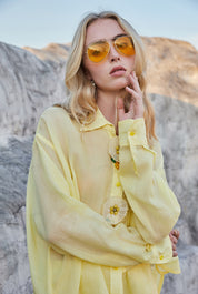 Lemon Yellow Sheer Organza Shirt with Floral Statement Buttons