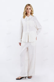 Cream Yarn-Dyed Striped Linen Wide-Leg Pants