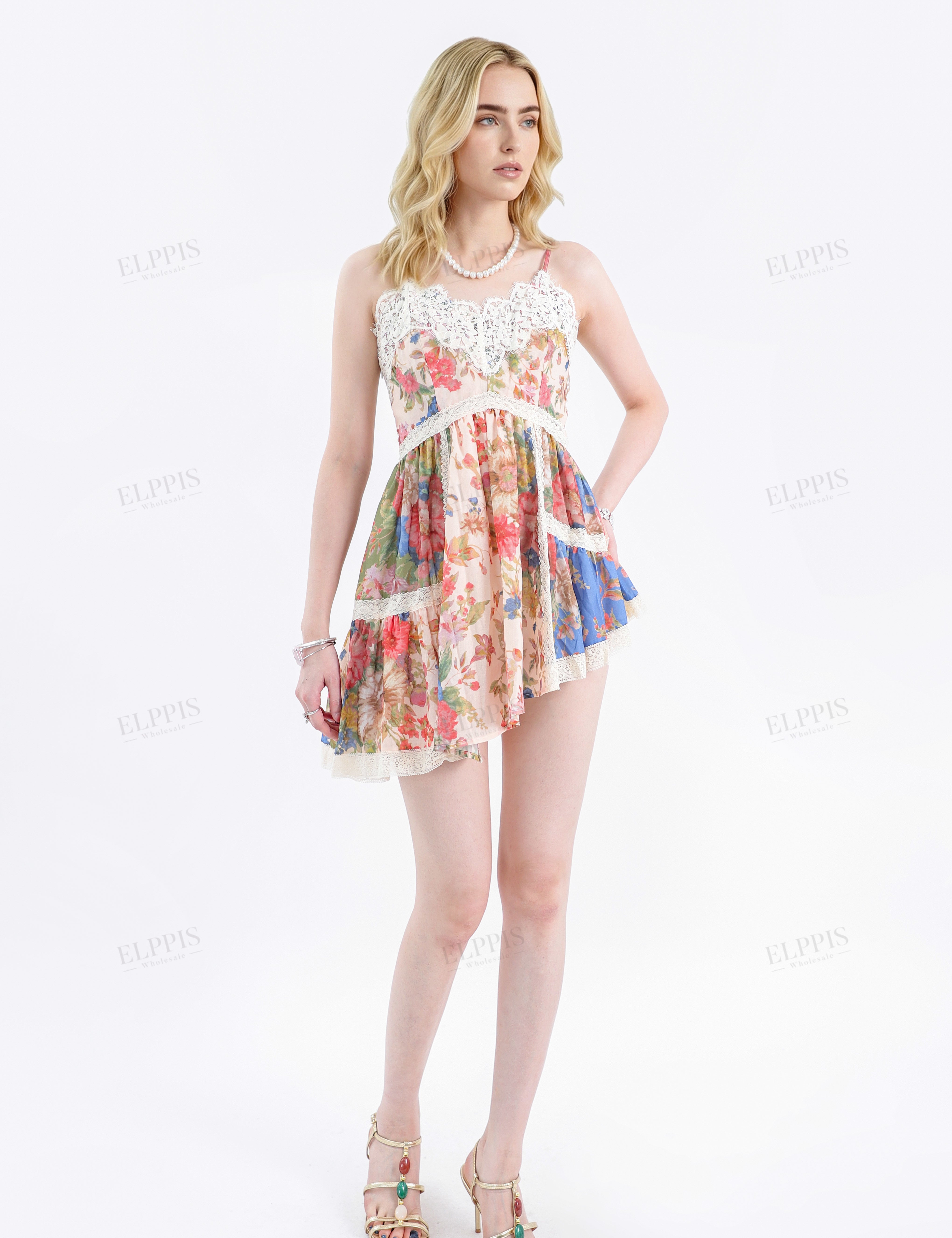 Floral Print Asymmetrical Cami Mini Dress with Lace Trim