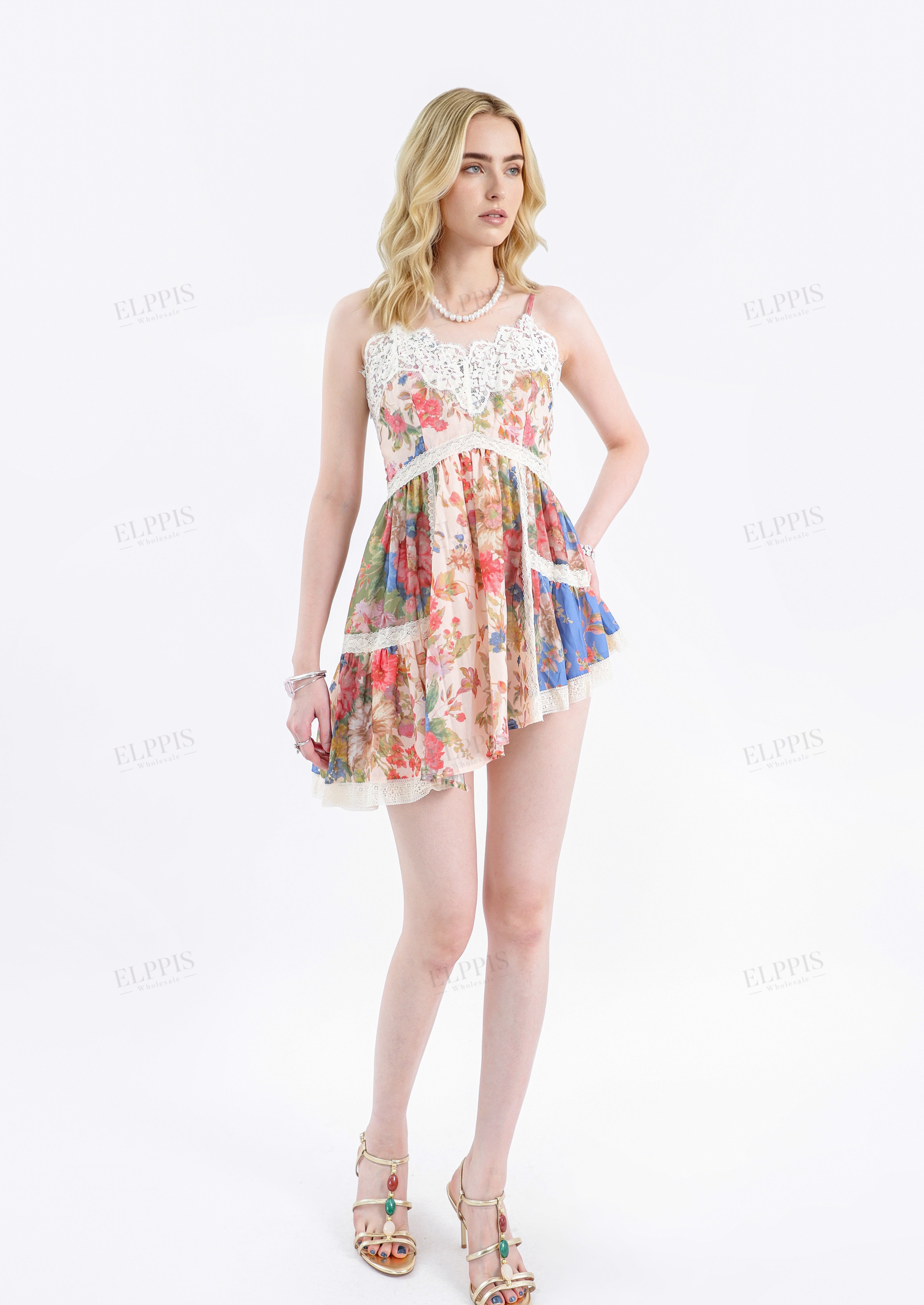 Floral Print Asymmetrical Cami Mini Dress with Lace Trim