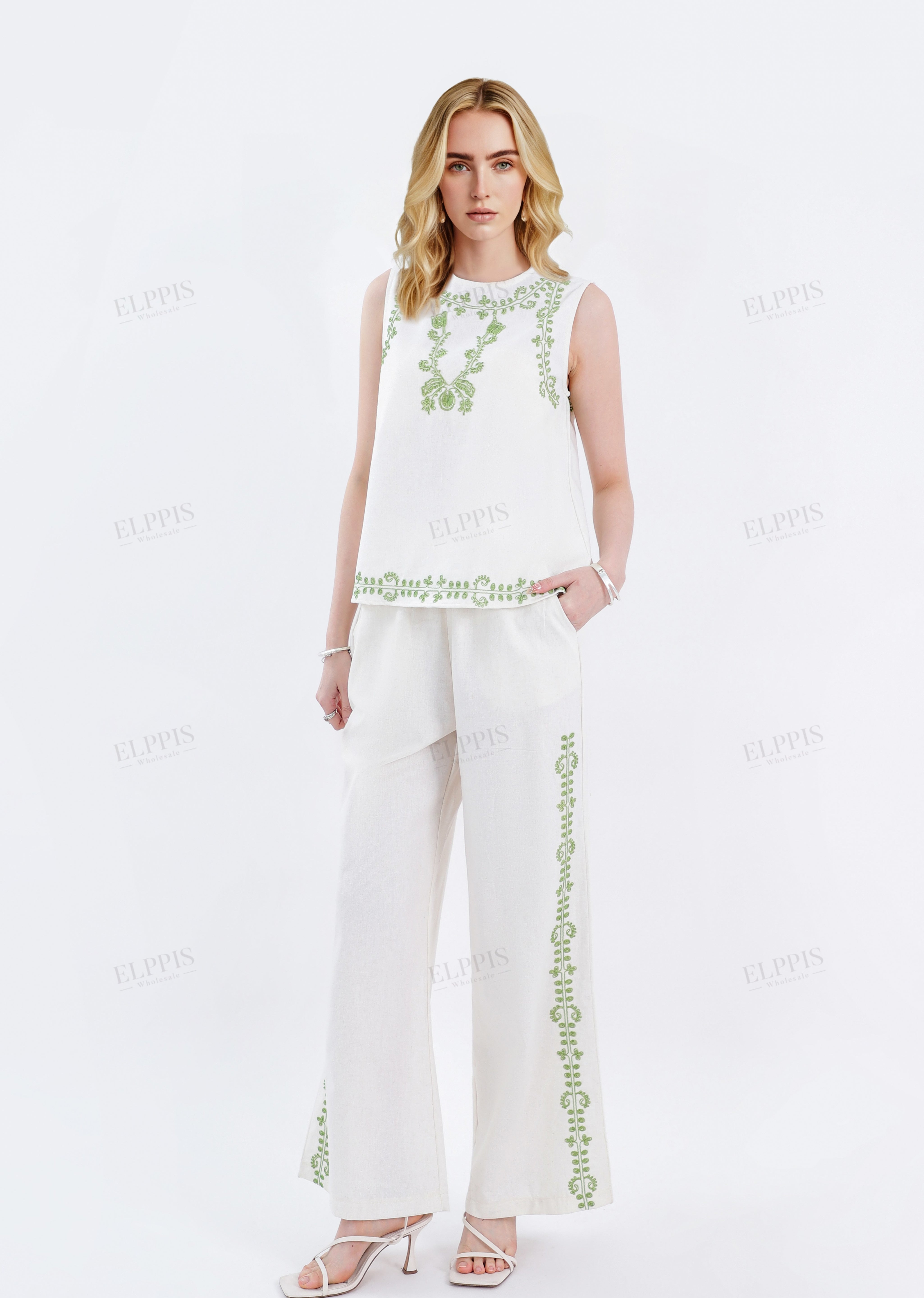 Beige Cotton-Linen Blend Embroidered Sleeveless Top