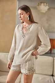 Beige Ramie Long-Sleeve Blouse with Cutwork Embroidery