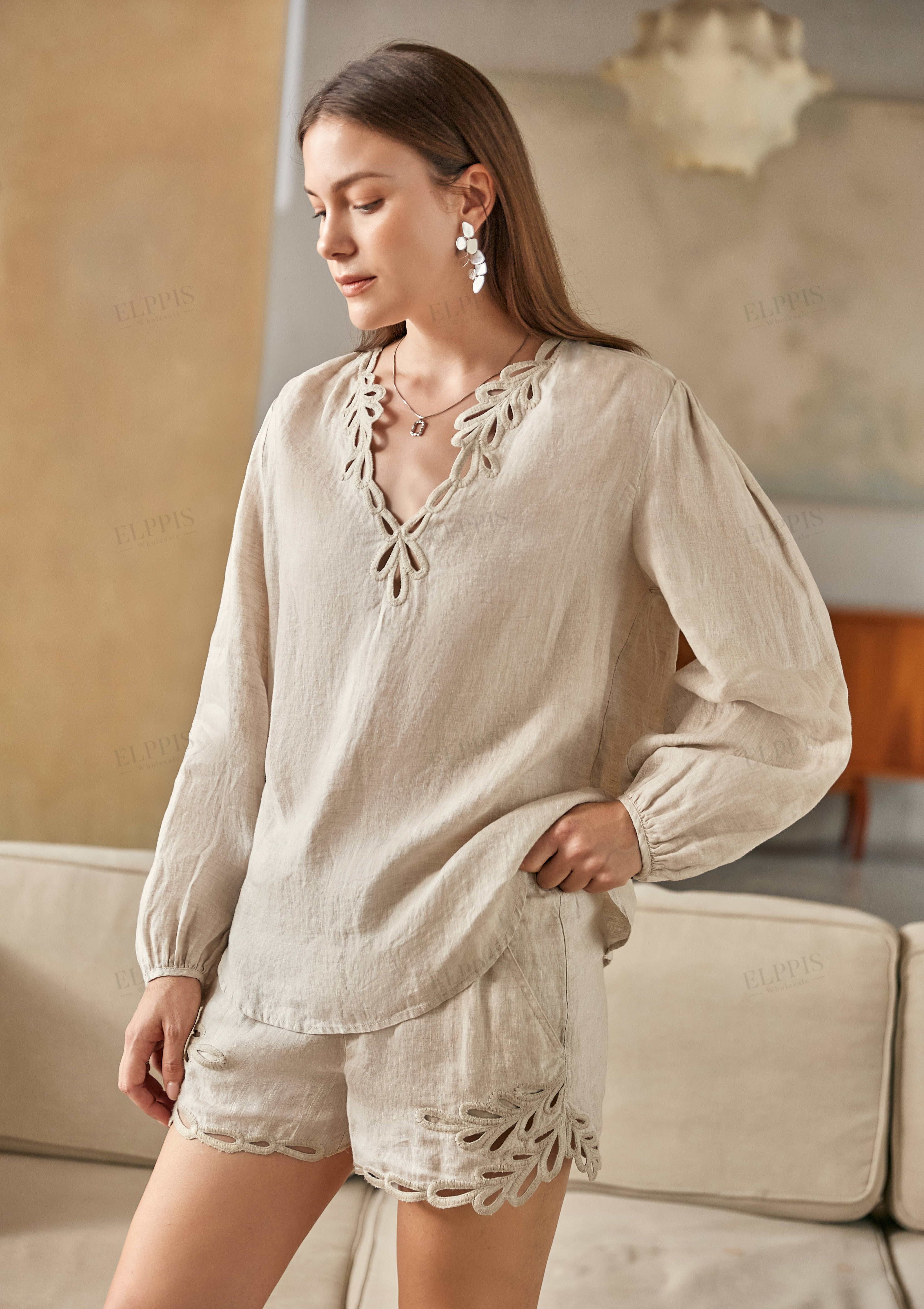 Beige Ramie Long-Sleeve Blouse with Cutwork Embroidery