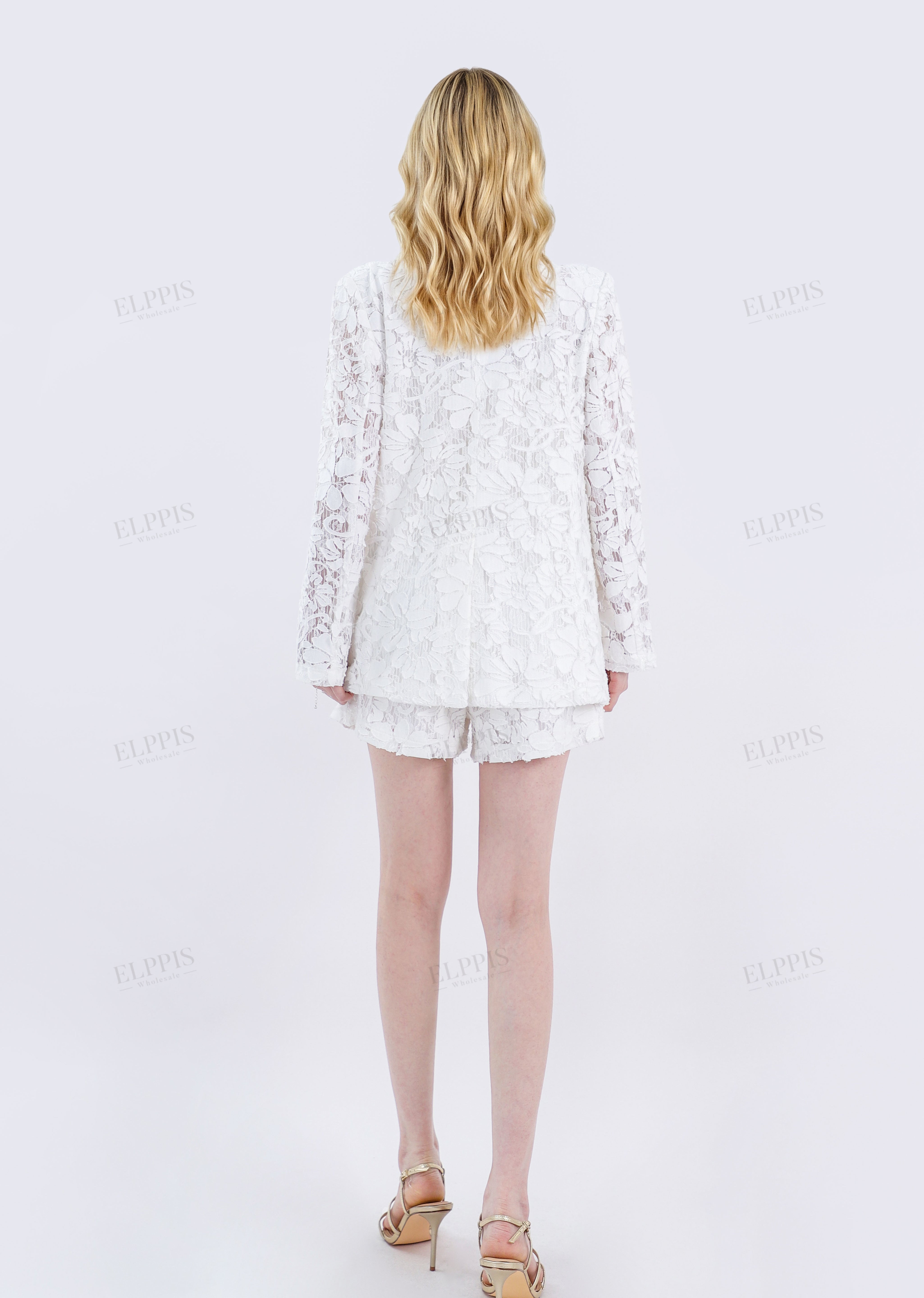 White Floral Lace Long-Sleeve Blazer