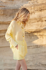 Lemon Yellow Sheer Organza Shirt with Floral Statement Buttons