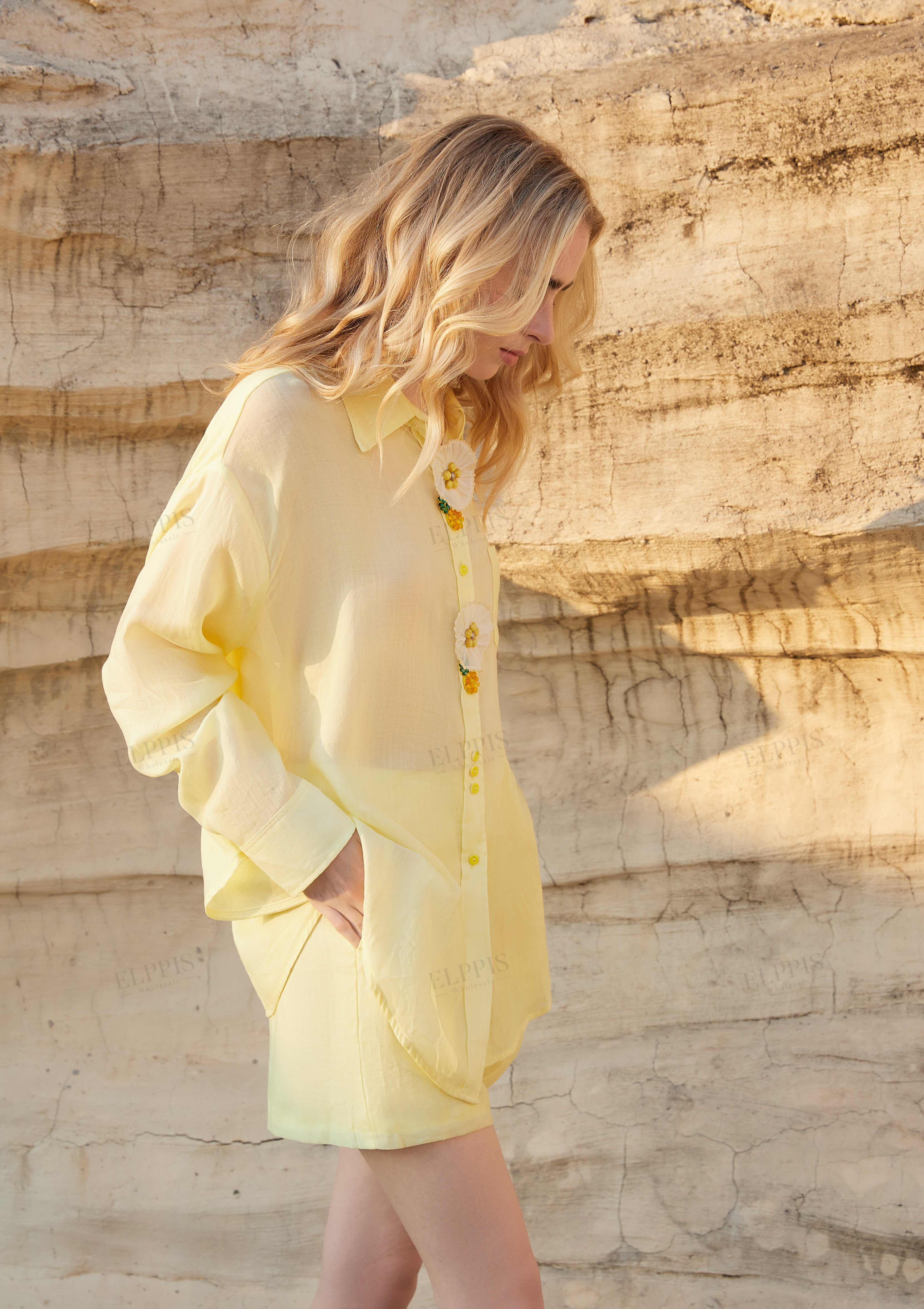 Lemon Yellow Sheer Organza Shirt with Floral Statement Buttons