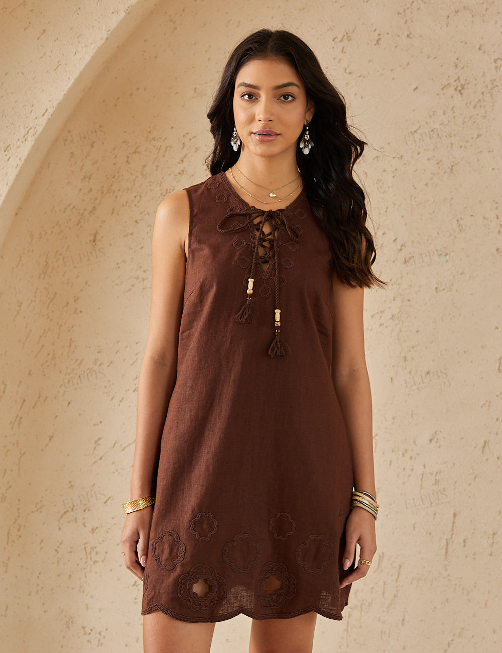 Cocoa Brown Sleeveless Tunic with Cutwork Embroidery & Tassel Tie