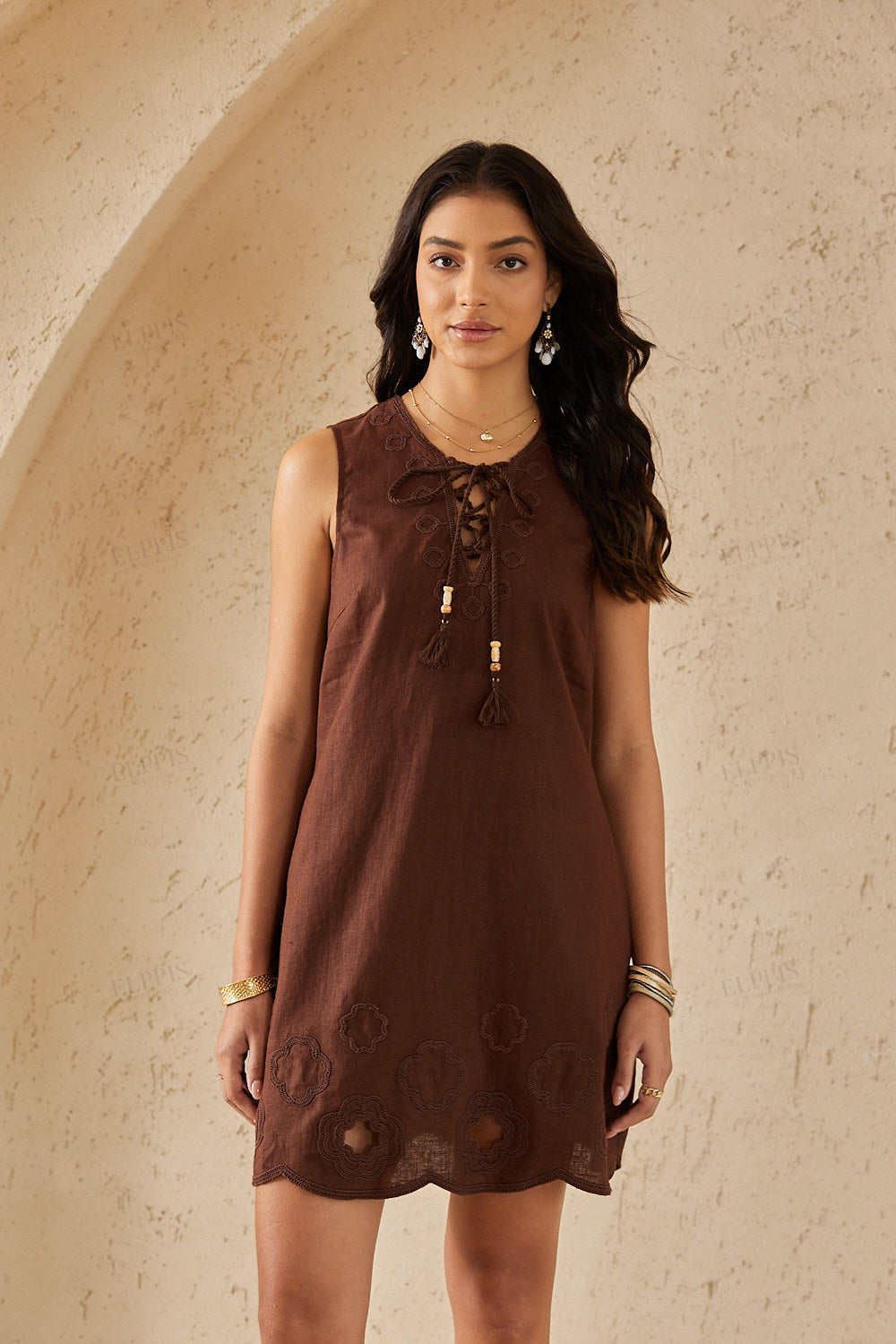 Cocoa Brown Sleeveless Tunic with Cutwork Embroidery & Tassel Tie