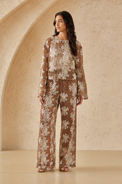 Brown & White Floral Lace Wide-Leg Pants
