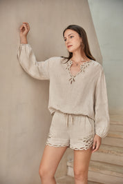 Beige Ramie Shorts with Cutwork Embroidery Trim