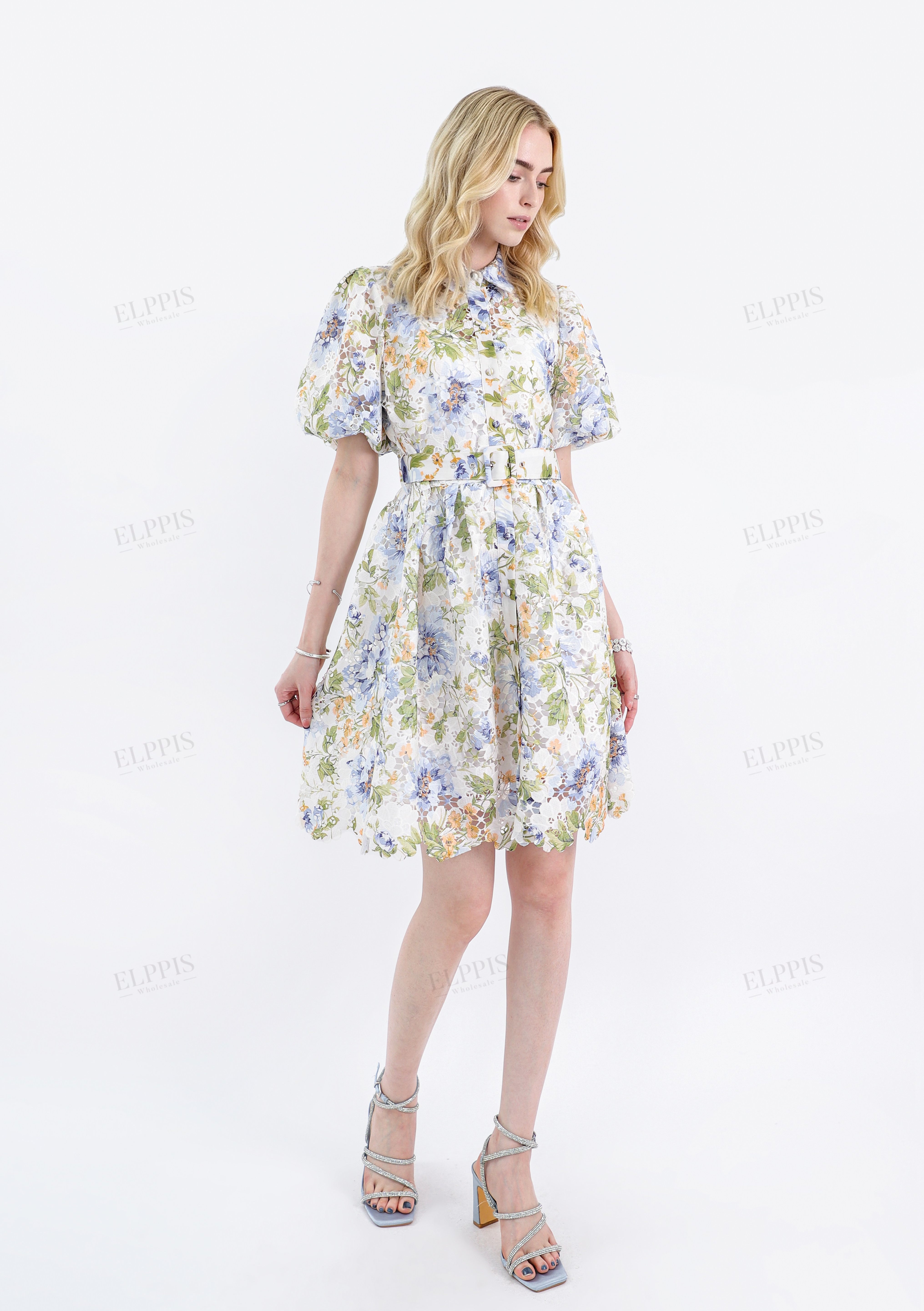Belted Lace Floral Shirt Dress