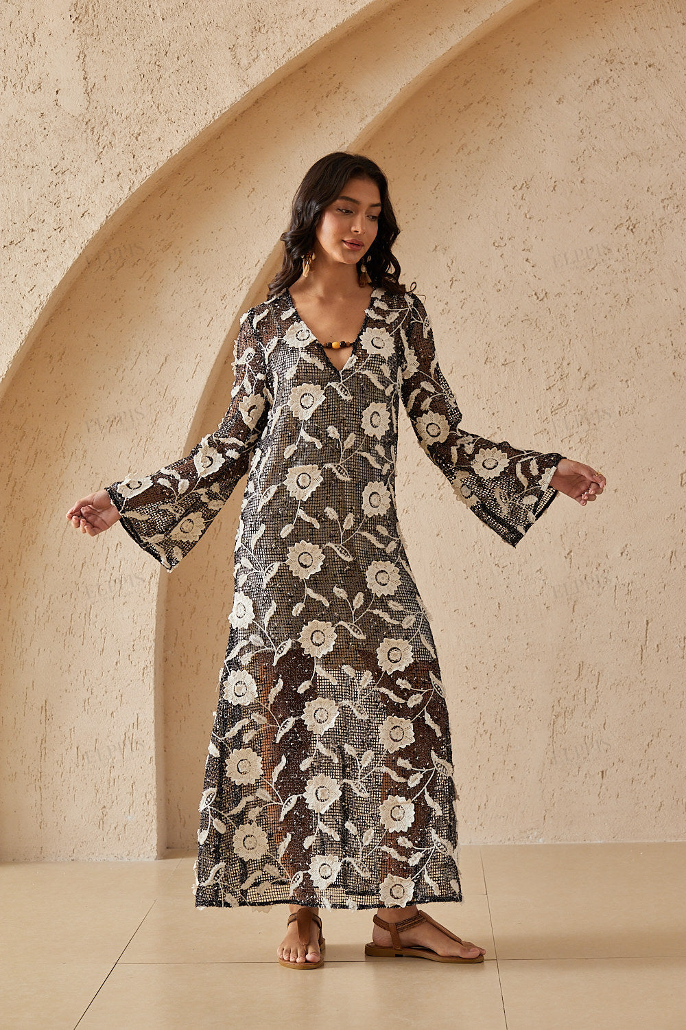 Black Mesh Maxi Dress with White Floral Embroidery & Beaded V-Neck