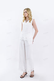 White Sleeveless Blouse with Floral Embroidery & Lace Hem