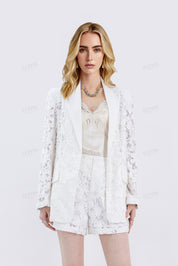 White Floral Lace Long-Sleeve Blazer