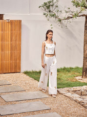White Linen-Blend Cropped Camisole with Gold Crane Embroidery