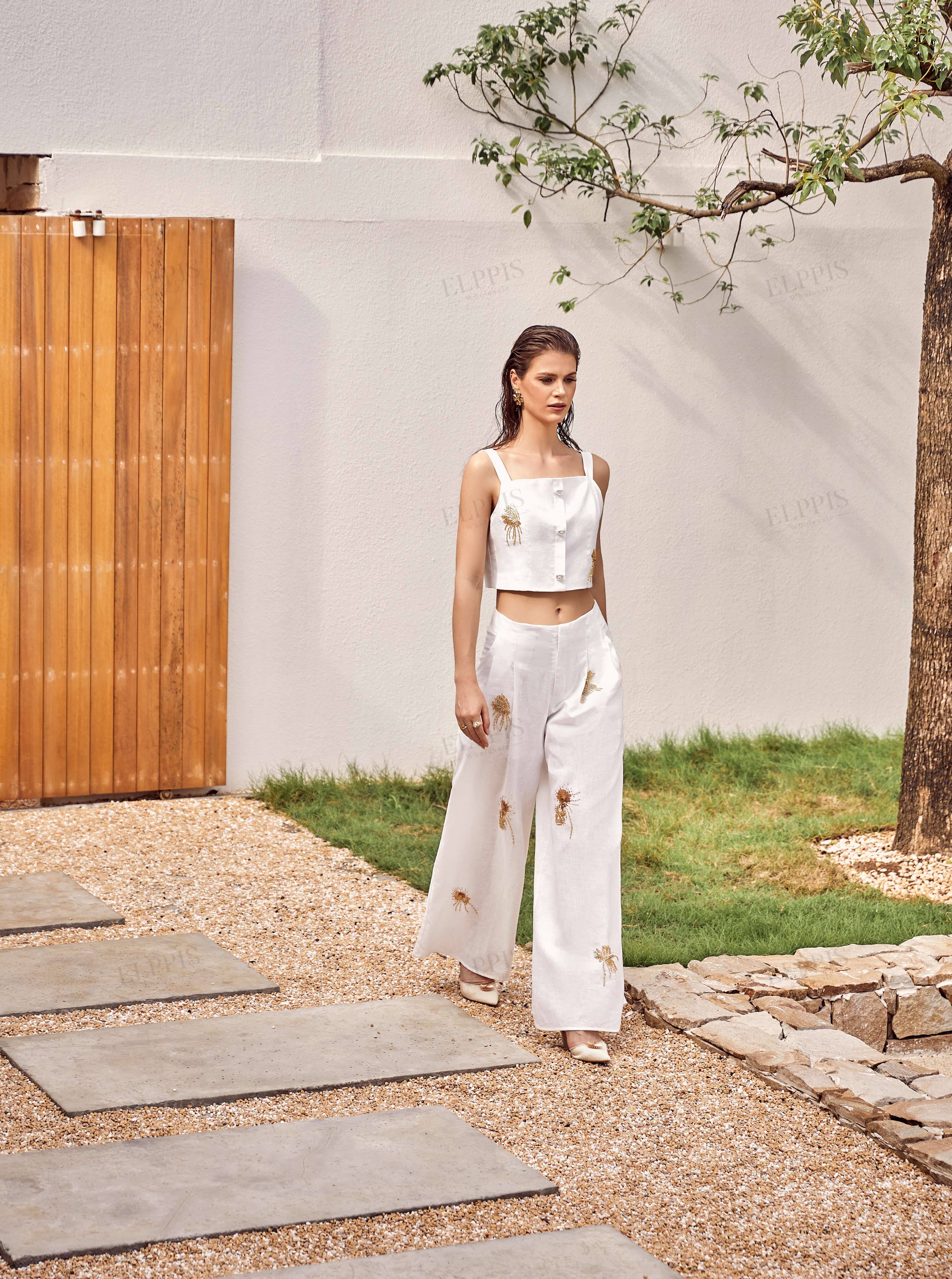 White Linen-Blend Cropped Camisole with Gold Crane Embroidery