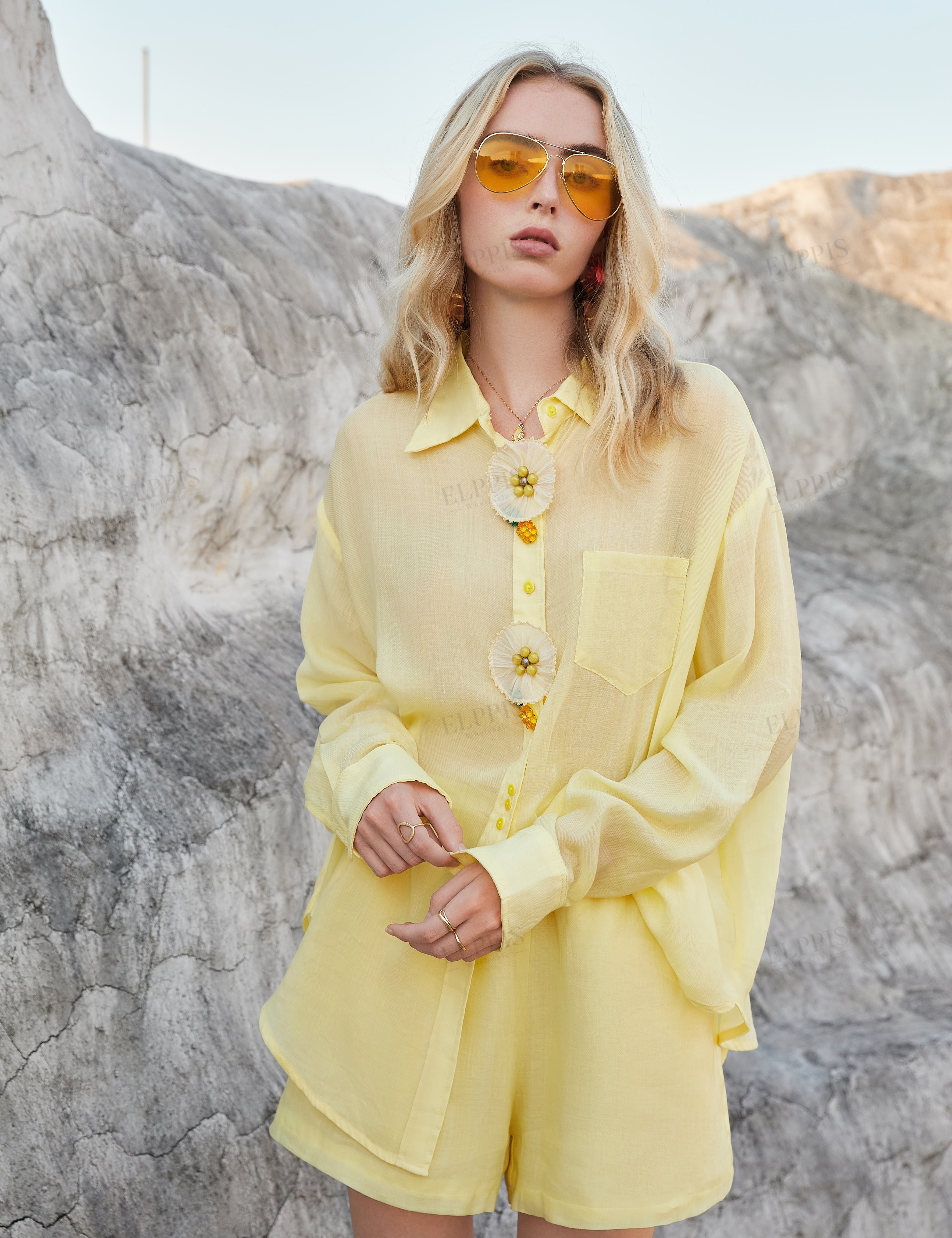 Lemon Yellow Sheer Organza Shirt with Floral Statement Buttons