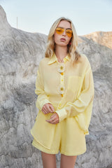 Lemon Yellow Sheer Organza Shirt with Floral Statement Buttons