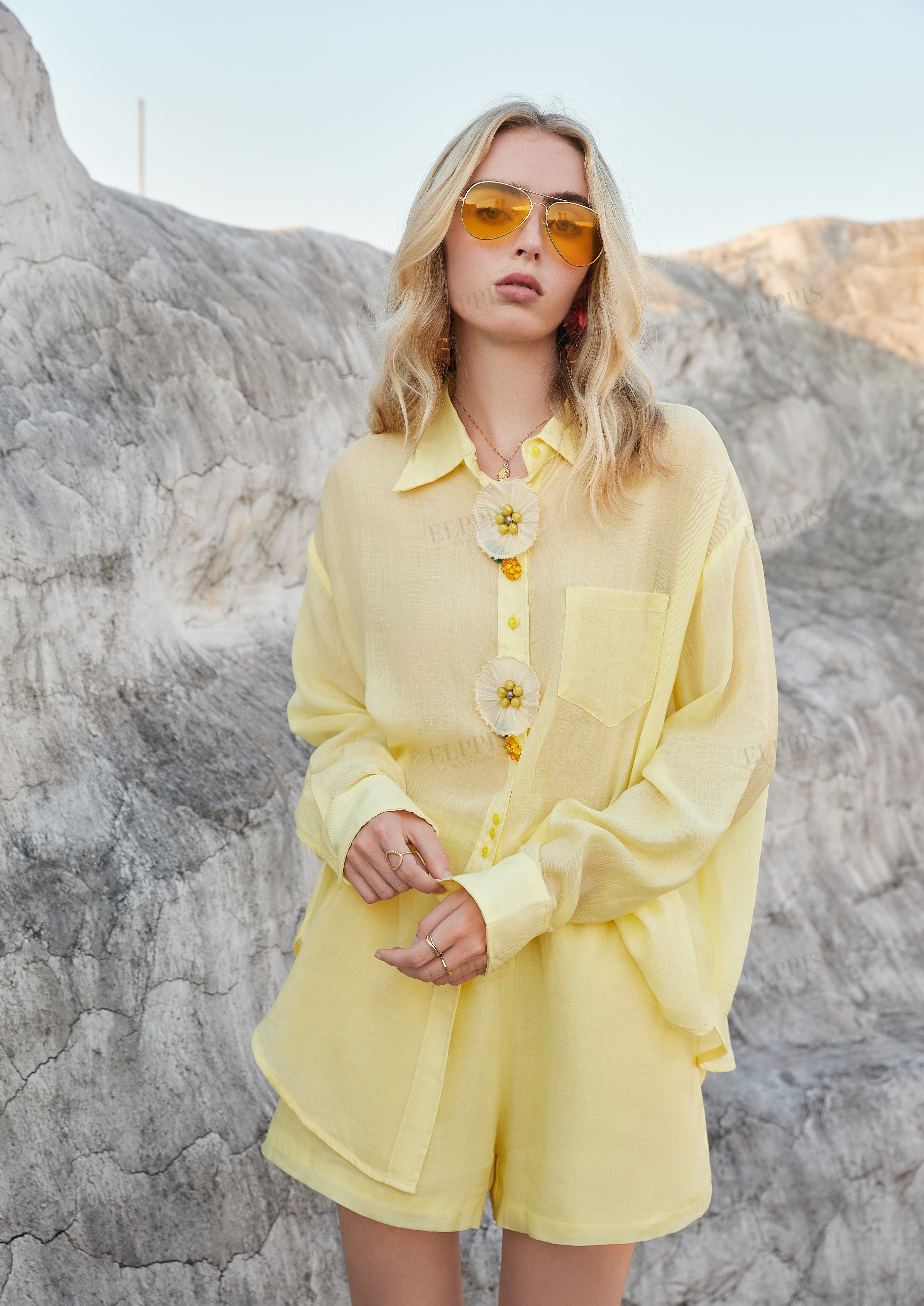Lemon Yellow Linen Pull-On Shorts with Elasticated Waist