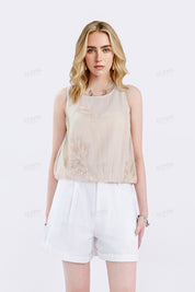Oatmeal Beige Sleeveless Blouse with Beaded Floral Embroidery