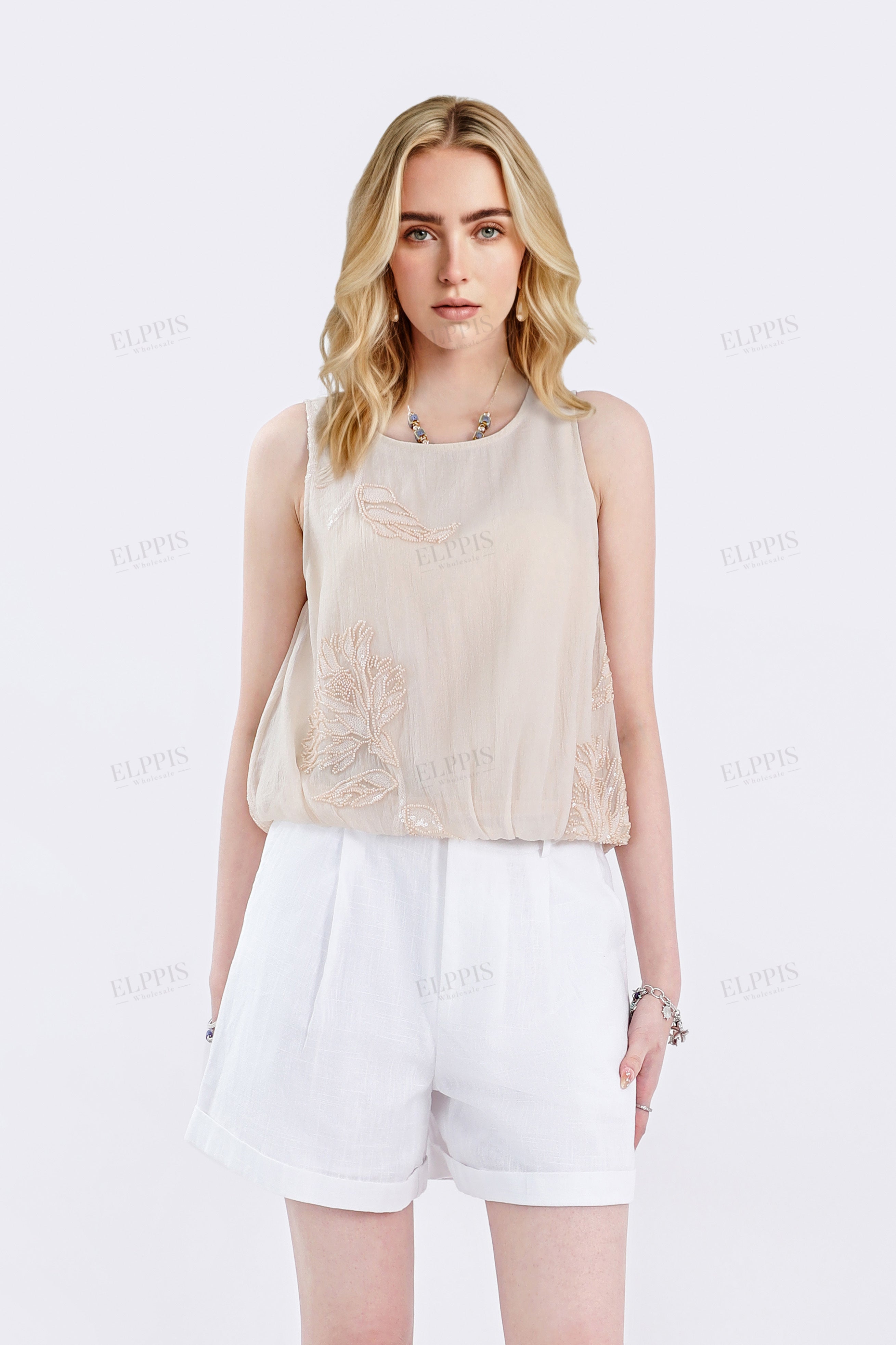 Oatmeal Beige Sleeveless Blouse with Beaded Floral Embroidery