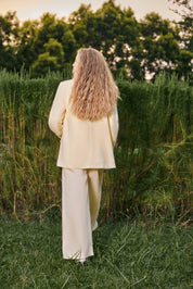 Cream Yellow Petal-Embellished Oversized Blazer & Wide-Leg Trouser Set