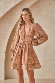 Terracotta Floral Print Linen Mini Dress with Balloon Sleeves