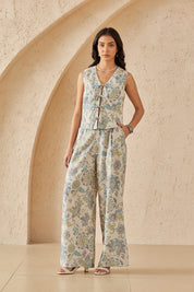 Floral Print Linen Wide-Leg Pants