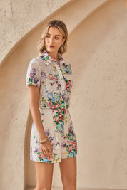 Cream Floral Print Eyelet Cropped Shirt with Short Sleeves