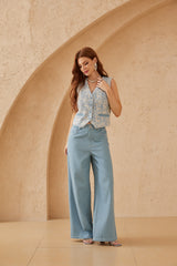 Light Blue Sleeveless Vest with White Lace Floral Embellishments