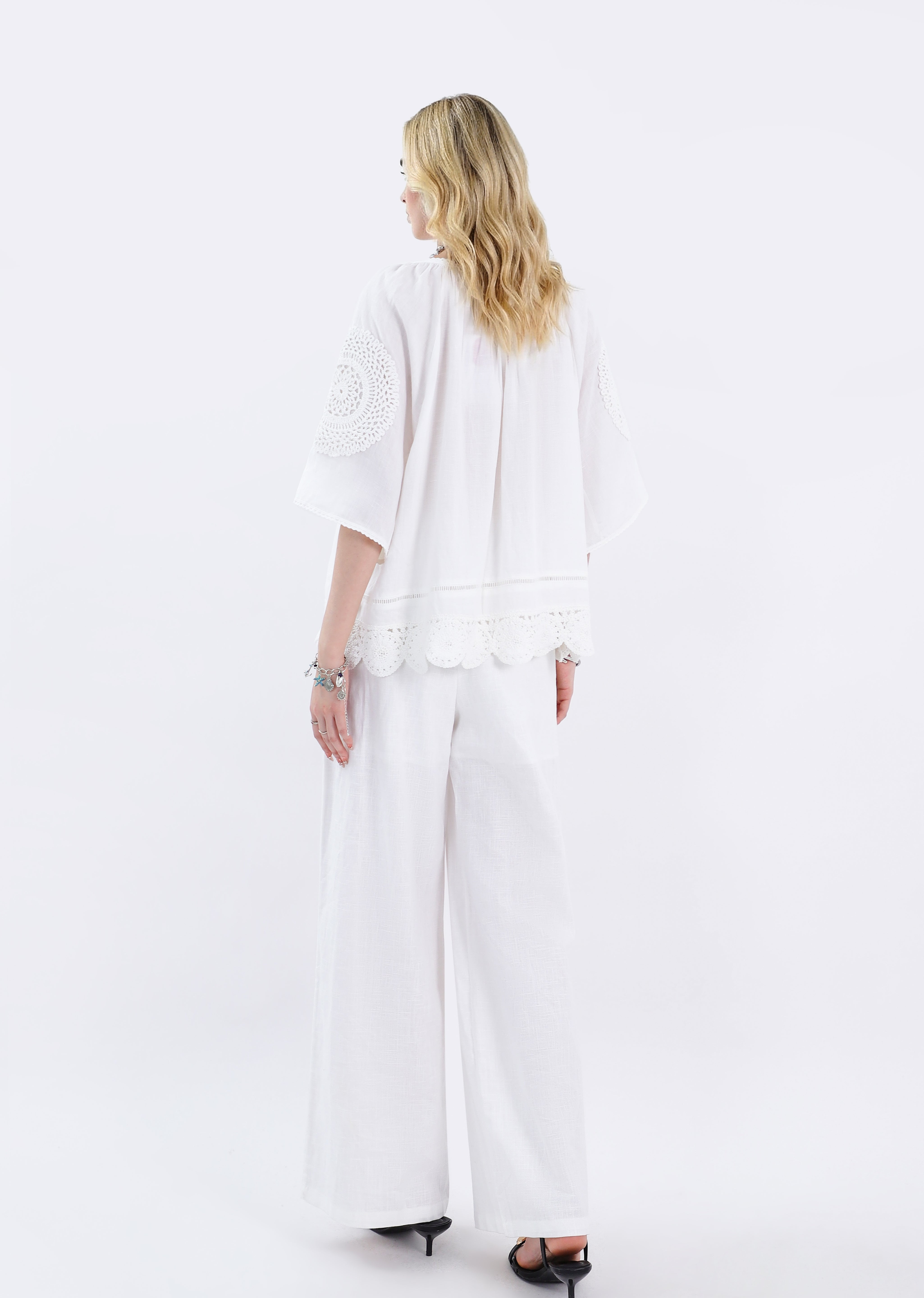 White Blouse with Crochet Lace Accents & Bell Sleeves